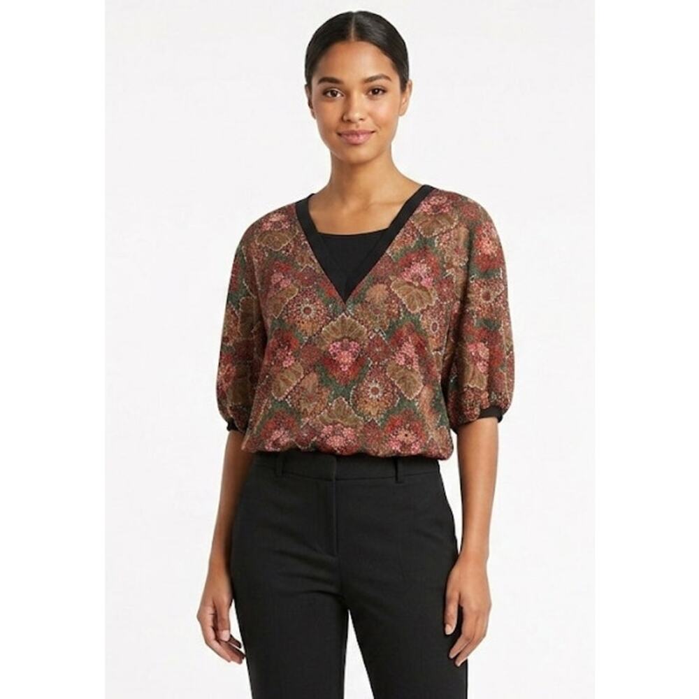 Top Notch Floral Paisley Top Blouse V-Neck Puff Sleeves  Office Plus Size 2X